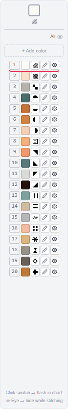 The color palette panel listing DMC thread colors, each with a swatch, symbol, edit icon, and eye icon