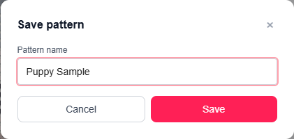 The Save pattern dialog with a pattern name field and Save button