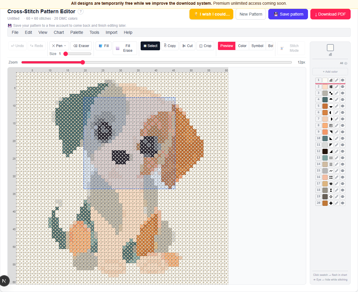 A rectangular selection active on the canvas, with Copy, Cut, and Crop buttons showing in the toolbar