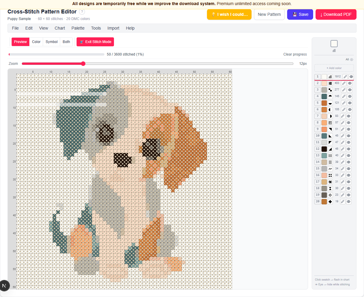 Stitch Mode active on a pattern with a band of marked cells dimmed, a progress bar reading stitches completed, and remaining-stitch counts next to each palette color